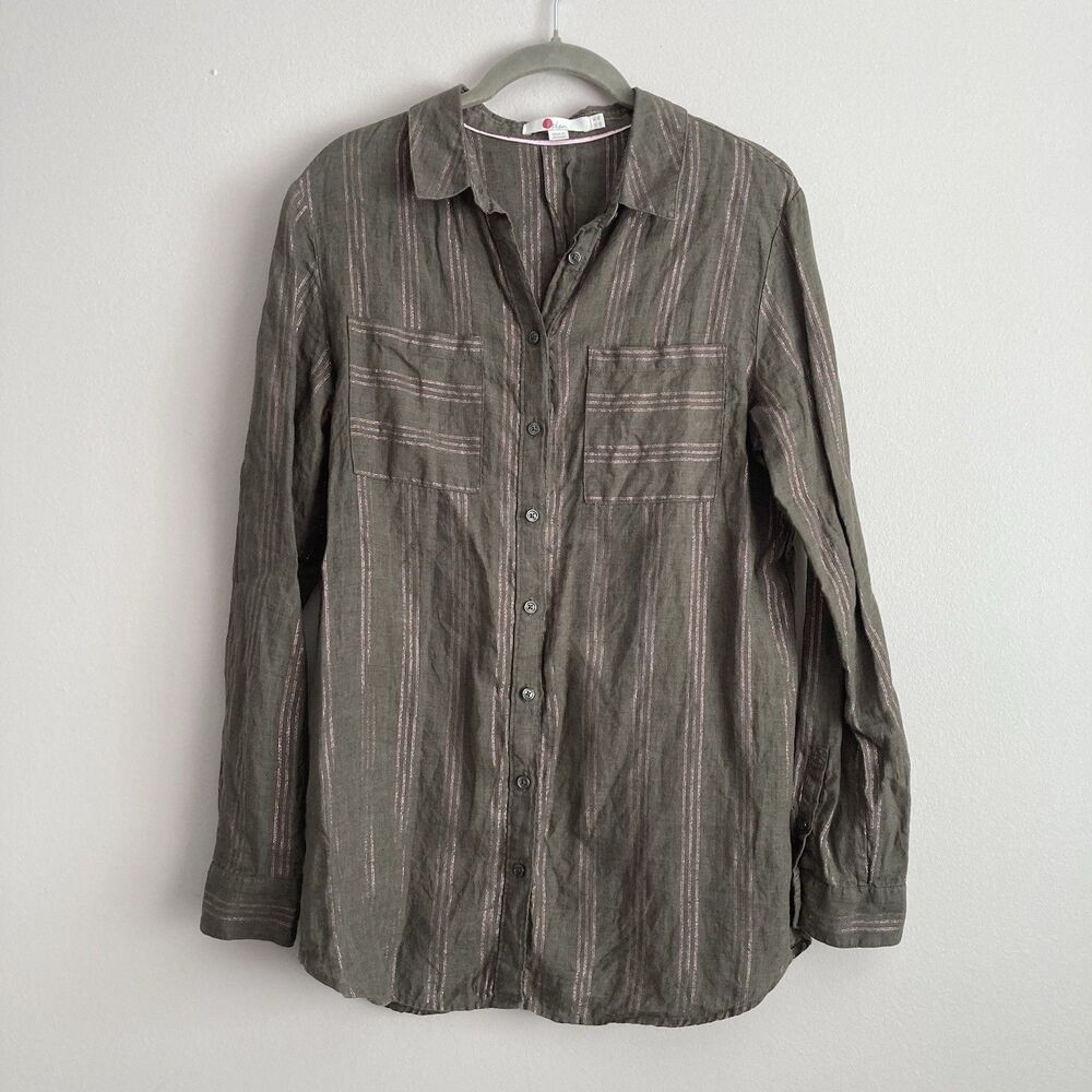 Boden Womens Linen Button Down Shirt Size 4 LONG Metallic Striped Lagenlook